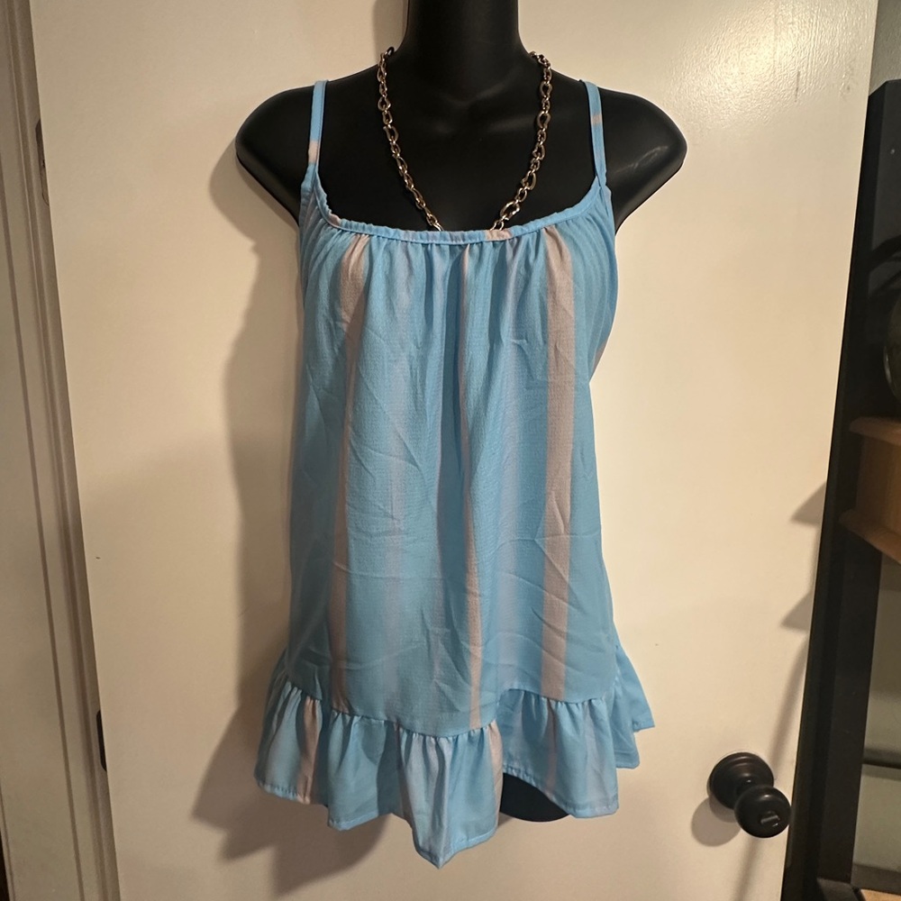 4/$16 MISSLOOK Blue and Geay Striped Ruffled Sleeveless Camisole